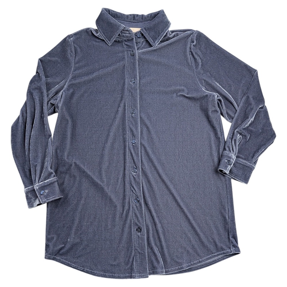 Soft Surroundings Velour Velvet Button Down Blouse Sz Small Petite Blue Normcore